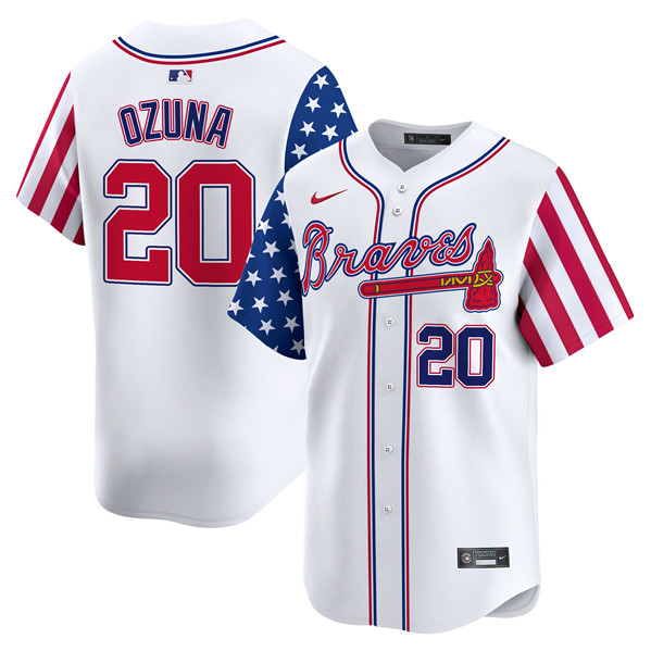 Men's Atlanta Braves #20 Marcell Ozuna White 2024 Independence Day Vapor Limited Stitched Baseball Jersey Men's Atlanta Braves #20 Marcell Ozuna White 2024 Independence Day Vapor Limited Stitched Baseball Jersey